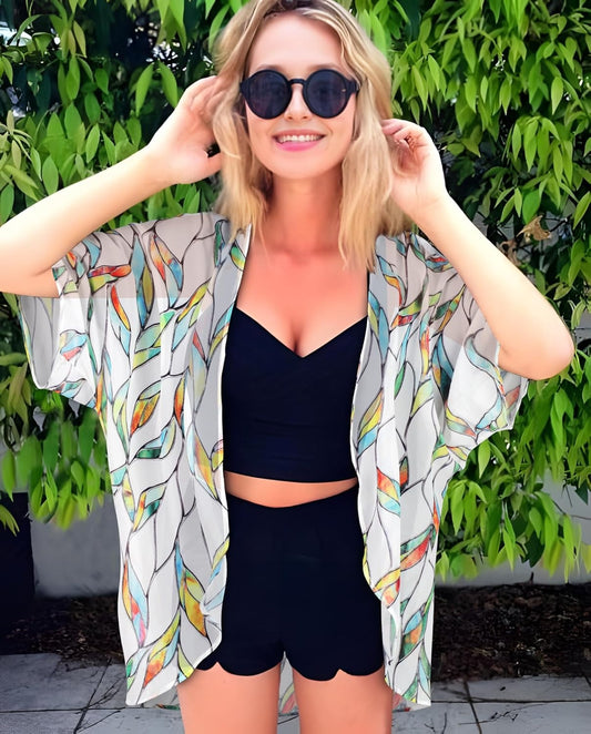 Women's Floral Print Puff Sleeve Kimono Cardigan Loose Cover Up Casual Blouse Tops