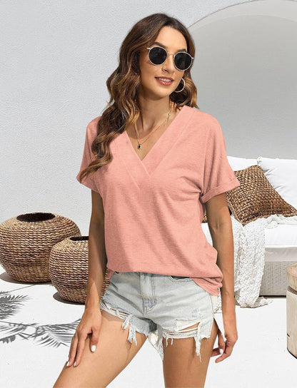 T Shirts Short Sleeve V Neck Tees Womens Tops Beach Vacation Fashion Clothes