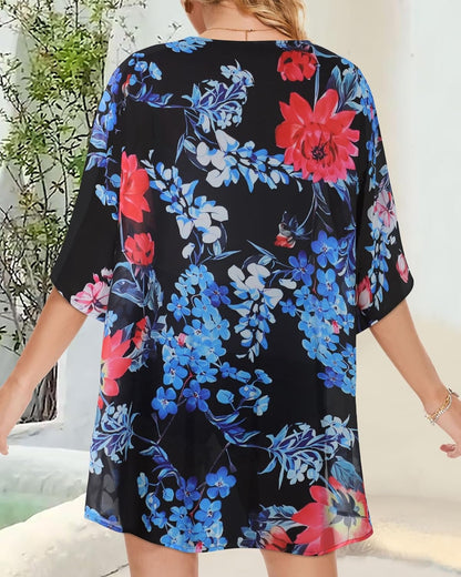 Women's Floral Print Puff Sleeve Kimono Cardigan Loose Cover Up Casual Blouse Tops