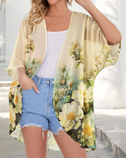 Women's Floral Print Puff Sleeve Kimono Cardigan Loose Cover Up Casual Blouse Tops