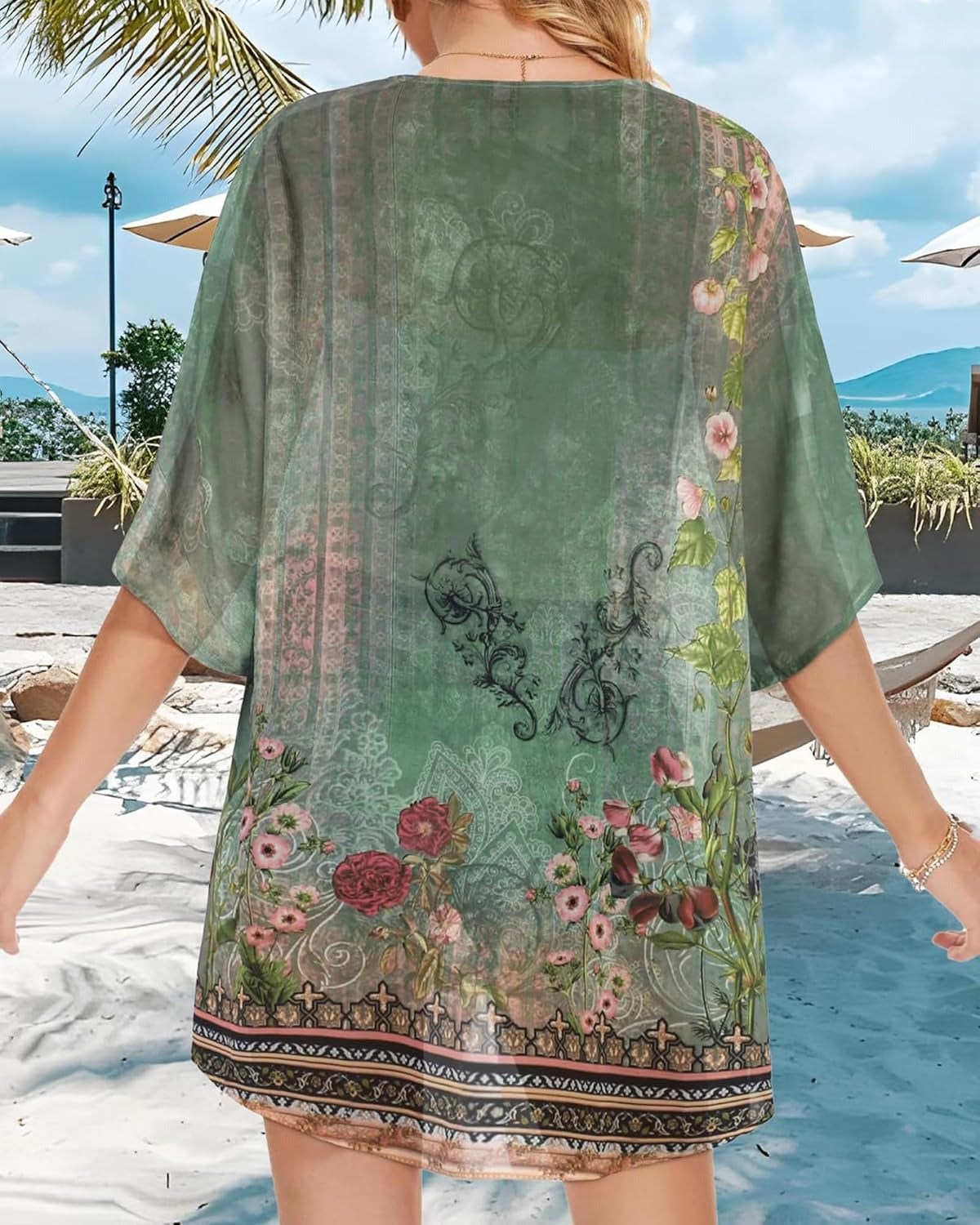 Women's Floral Print Puff Sleeve Kimono Cardigan Loose Cover Up Casual Blouse Tops