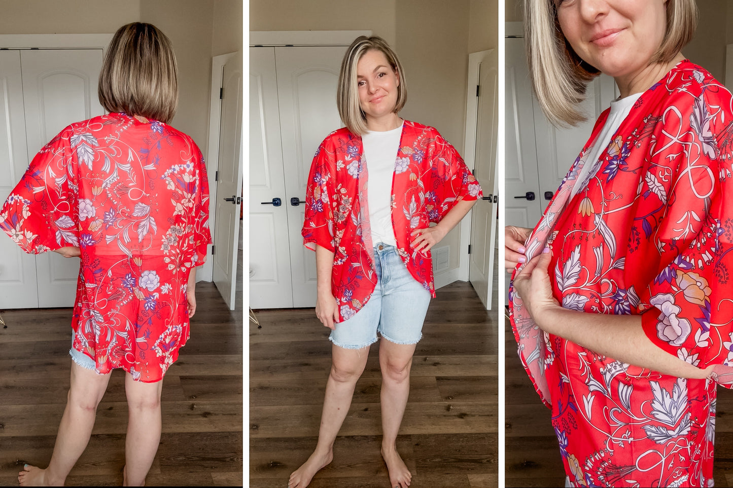 Women's Floral Print Puff Sleeve Kimono Cardigan Loose Cover Up Casual Blouse Tops